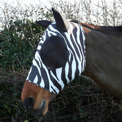 Hy Equestrian Lycra Zebra Print Fly Mask - Black/White - Pony