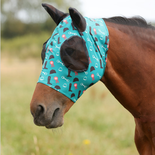 Hy Equestrian Lycra Boot & Bit Print Fly Mask - Teal/Black - Pony