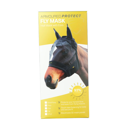 Hy Equestrian Armoured Protect Half Mask with Ears - Black - Cob