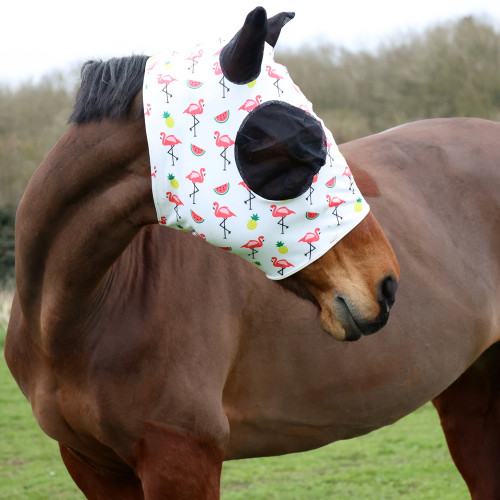 Hy Equestrian Lycra Flamingo Print Fly Mask - White/Pink - Pony