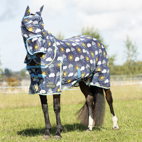 Hy Equestrian Come Rain or Shine Fly Mask with Ears and Detachable Nose - Navy/Blue/Yellow - Small Pony