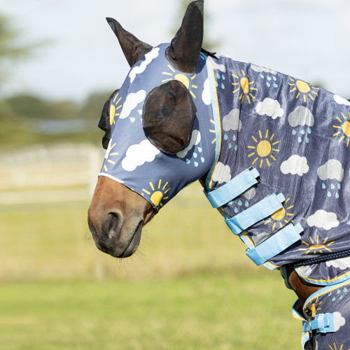 Hy Equestrian Lycra Come Rain or Shine Print Fly Mask - Navy/Blue/Yellow - Pony