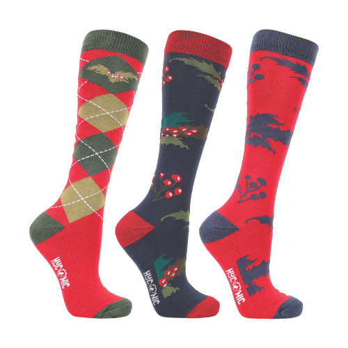 HYCONIC Christmas Holly Socks by Hy Equestrian (Pack of 3) - Navy/Red - Adult 4-8