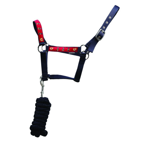 Hy Equestrian Thelwell Collection Balancing Act Head Collar & Lead Rope - Red/Navy - Shetland