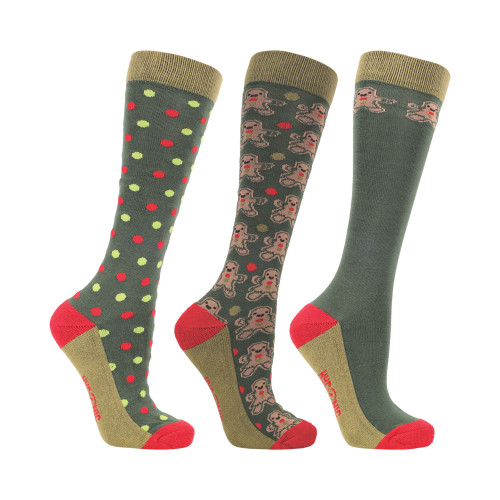HYCONIC Christmas Gingerbread Socks by Hy Equestrian (Pack of 3) - Green/Red - Adult 4-8