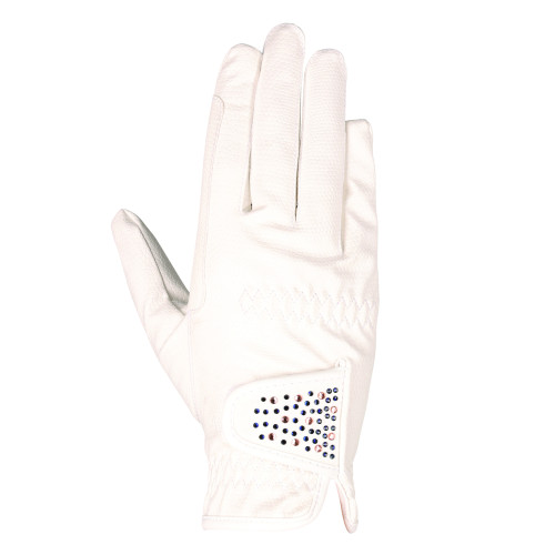 Hy Equestrian Shimmer Riding Gloves - White with Navy/Rose Gold Diamantes - X Small