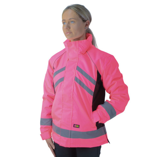 Front View HyVIZ Waterproof Riding Jacket in Pink/Black in X Small