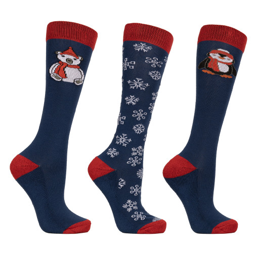 HyCONIC Winter Wonderland Christmas Socks by Hy Equestrian - Blue/Red - Adult 4-8