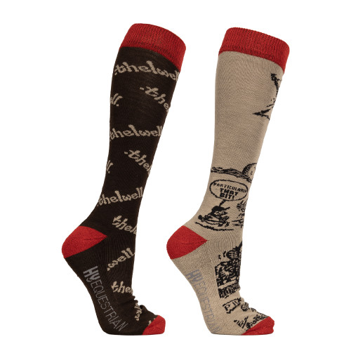 Hy Equestrian Thelwell Collection Comic Chaos Socks (Pack of 2) - Taupe/Red - Adult 4-8