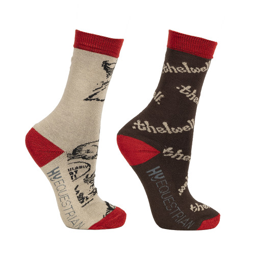 Hy Equestrian Thelwell Collection Comic Chaos Socks (Pack of 2) - Taupe/Red - Child 8-12