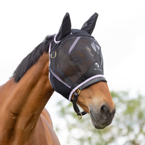Hy Equestrian Mesh Half Fly Mask with Ears - Black/Lilac - Pony