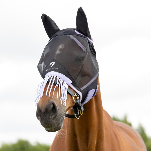 Hy Equestrian Mesh Half Mask with Ears and Fringe - Black/Lilac - Pony